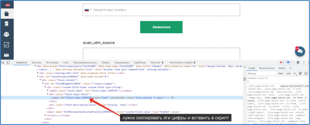 Инструменты разработчика с выделенным ID поля