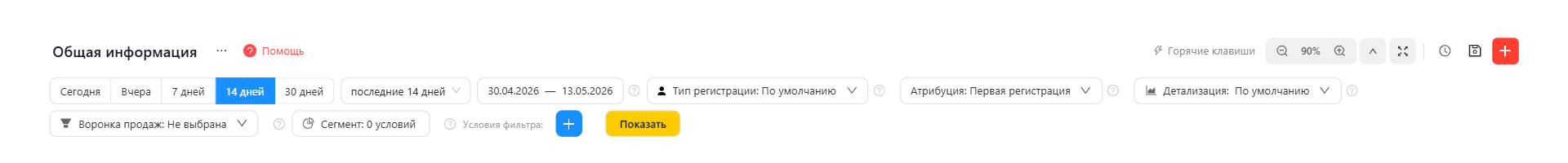 Панель глобальных параметров: пресеты периода, диапазон дат, тип регистрации, атрибуция, детализация, воронка, сегмент, условия фильтра, кнопка «Показать»