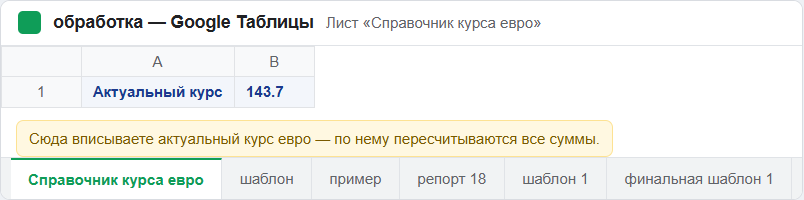Лист «Справочник курса евро»: ячейка с актуальным курсом для пересчёта сумм
